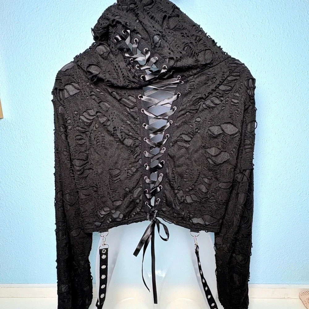 Distressed Medium Lace Up Back Cropped Garter Straps Goth Grunge
